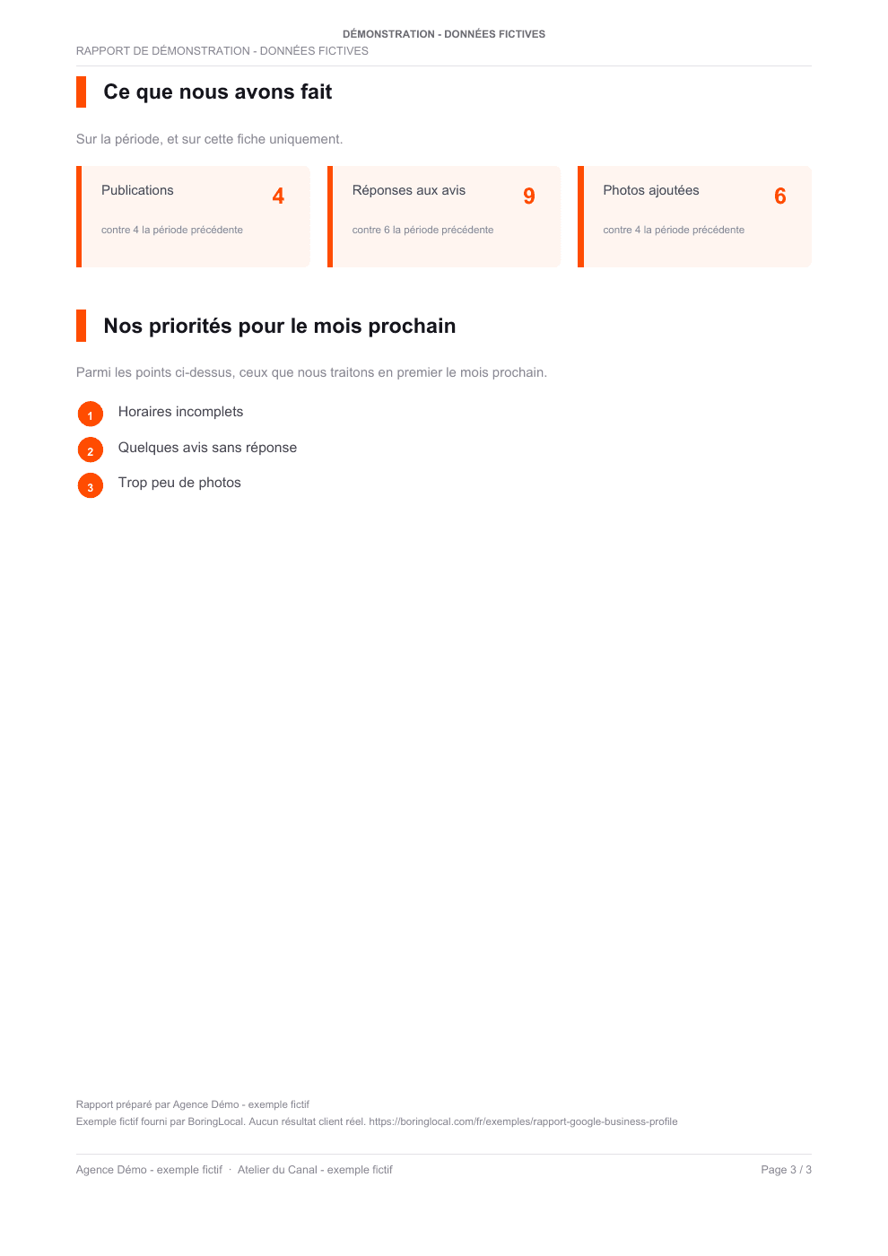 Page du rapport fictif présentant les actions réalisées et les trois priorités du mois suivant