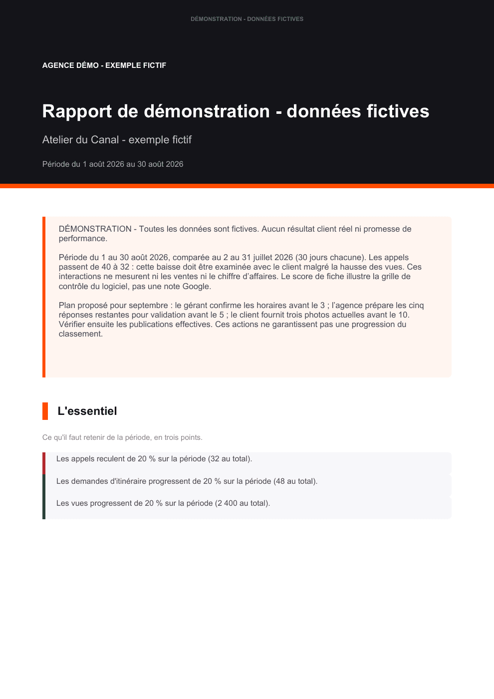 Couverture du rapport fictif avec le nom Agence Démo et son commentaire client